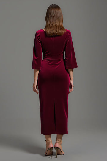 Burgundy Sheath V-Neck Tea Length Velvet Formal Dress